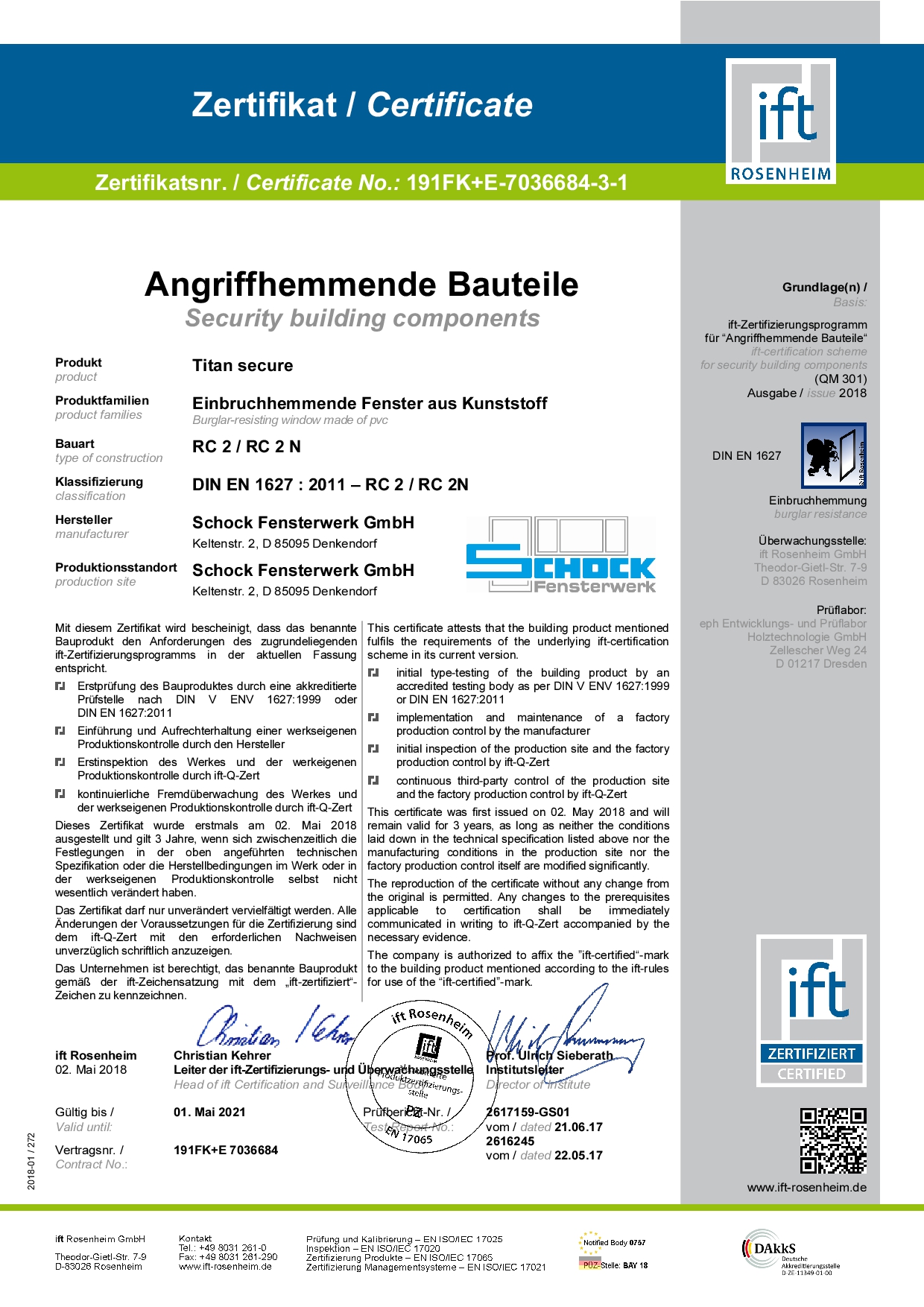IFT-Zertikfikat Einbruch hemmnend